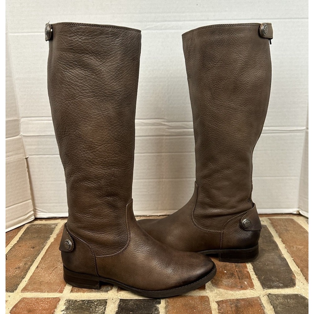 Brown Destressed Leather Riding Boots Back Zip Button Knee High Tall Women's 6